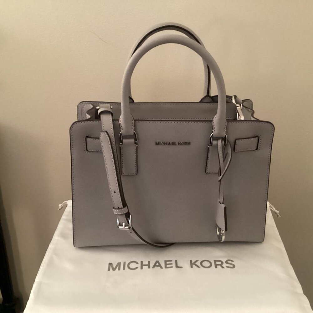 Michael Kors Dillon Saffiano Leather Gray Satchel Crossbody Tote